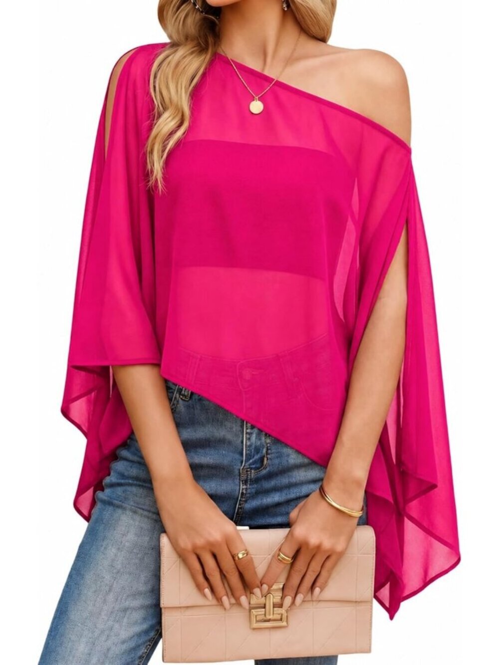 Women's Rose Red Off Shoulder Chiffon Batwing Slit Sleeve Sheer Loose Blouse